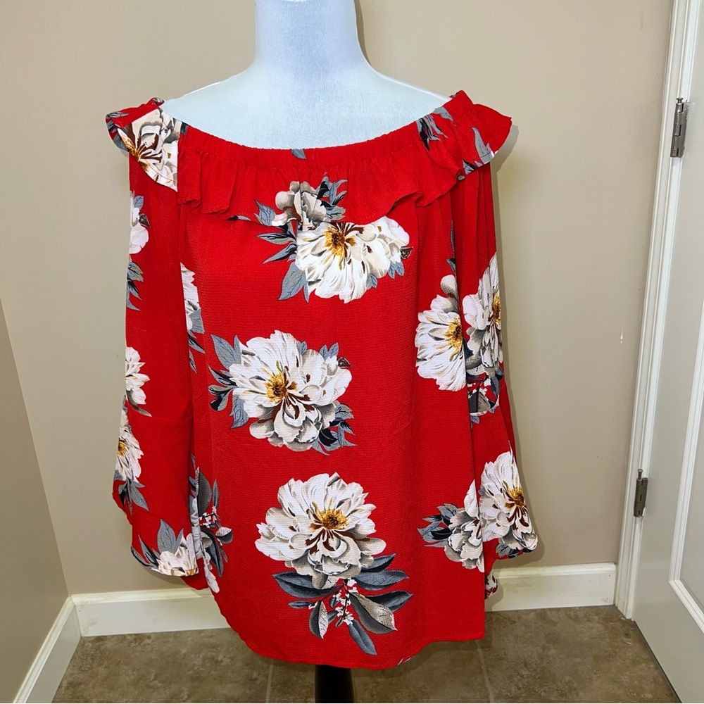 JODIFL Womens Red Long Sleeve Floral Top Flaring at Wrists Lightweight Sz Large